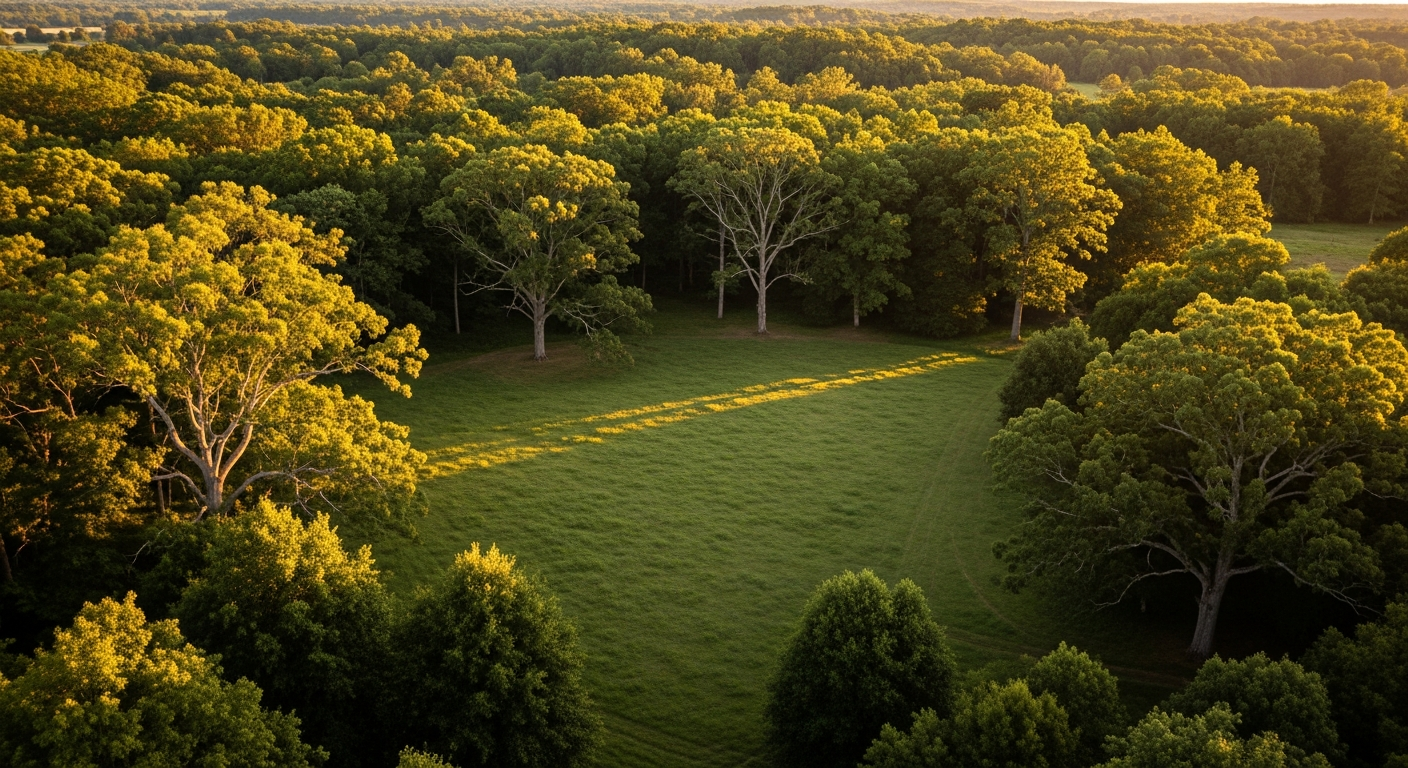 Aerial view of the wooded Shepherd's Pasture retreat property at golden hour