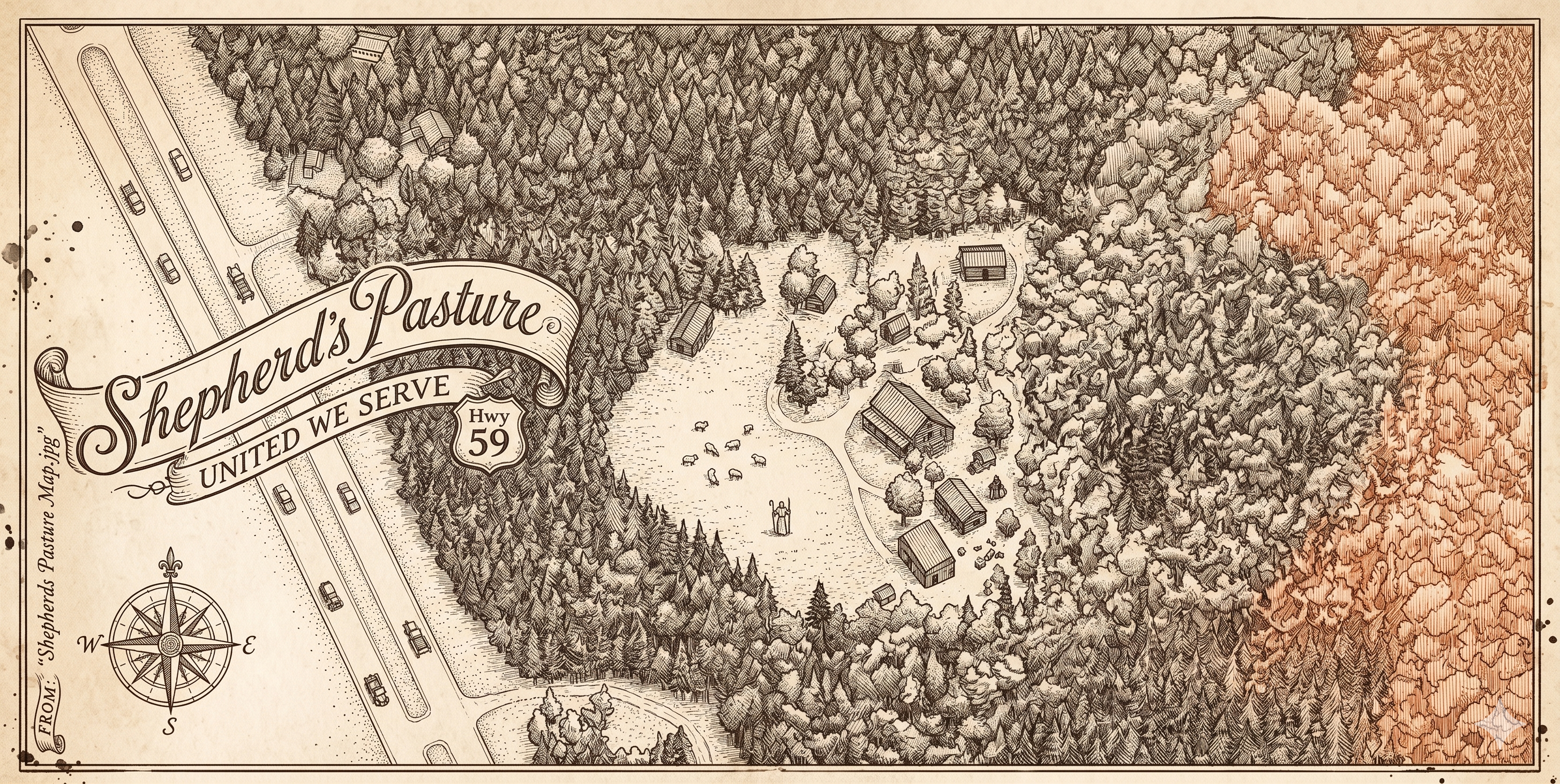 Illustrated map of the Shepherd's Pasture property showing all five guest houses